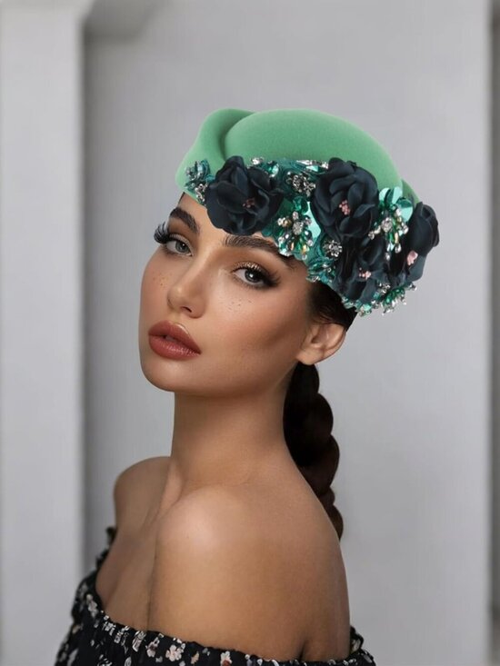 Women\'s British Felt hat Church Derby Headdress Floral Beret hat Green